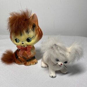 vintage mid-century ceramic cat figurines with fur accents, Japan
